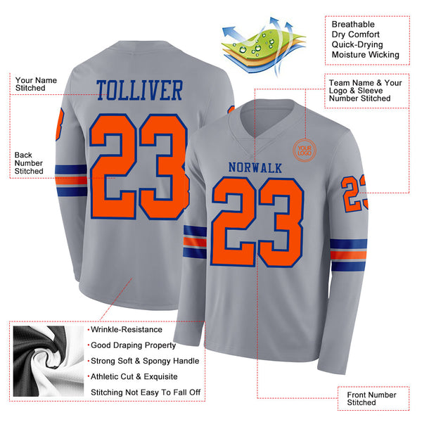 Custom Gray Orange-Royal Long Sleeve Authentic Football Jersey alternate