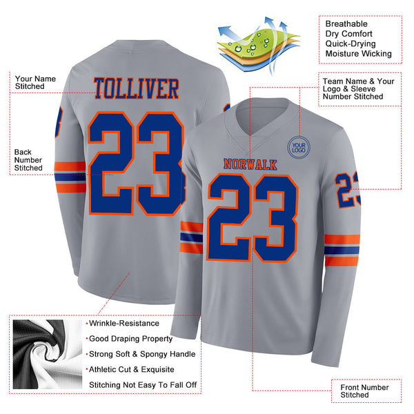 Custom Gray Royal-Orange Long Sleeve Authentic Football Jersey alternate