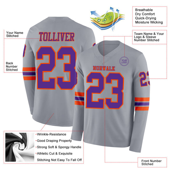 Custom Gray Purple-Orange Long Sleeve Authentic Football Jersey alternate