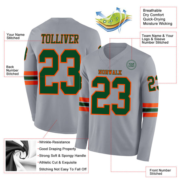 Custom Gray Green-Orange Long Sleeve Authentic Football Jersey alternate