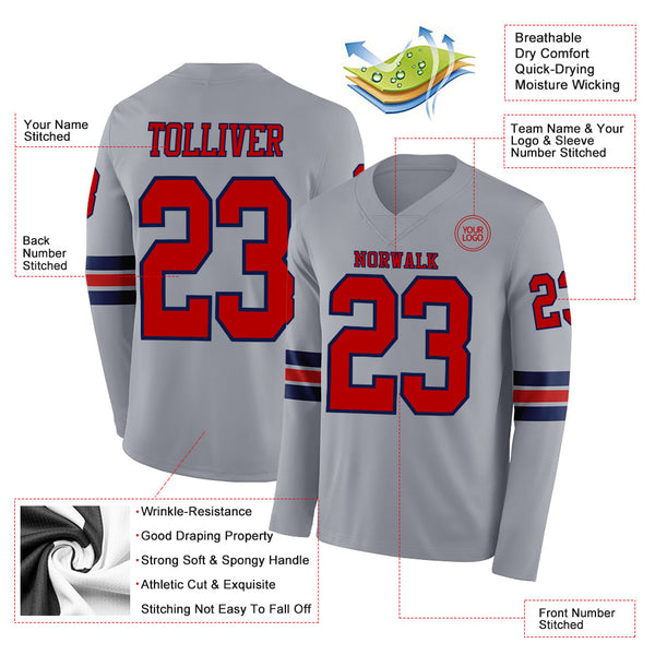 Custom Gray Red-Navy Long Sleeve Authentic Football Jersey alternate