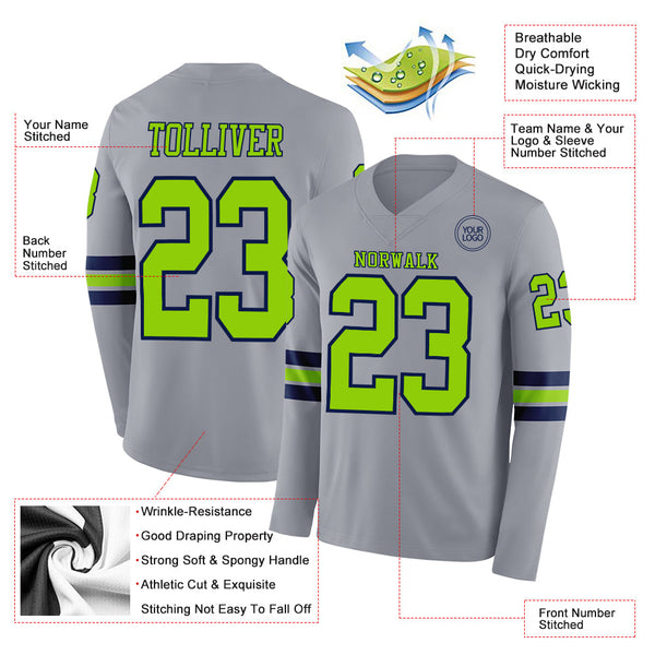 Custom Gray Neon Green-Navy Long Sleeve Authentic Football Jersey alternate