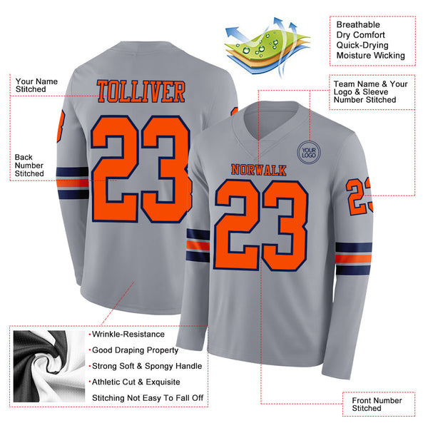 Custom Gray Orange-Navy Long Sleeve Authentic Football Jersey alternate