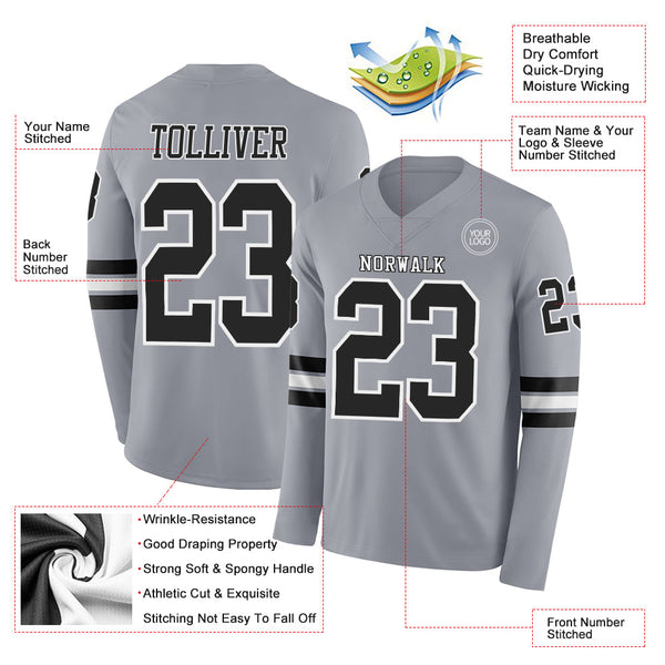 Custom Gray Black-White Long Sleeve Authentic Football Jersey alternate