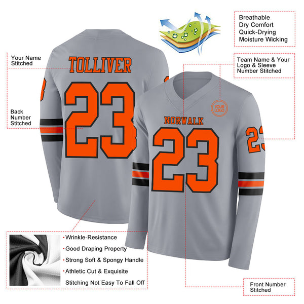 Custom Gray Orange-Black Long Sleeve Authentic Football Jersey alternate