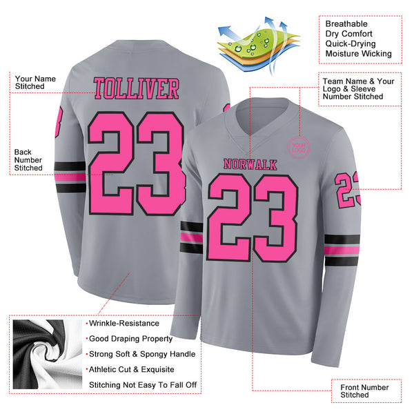 Custom Gray Pink-Black Long Sleeve Authentic Football Jersey alternate