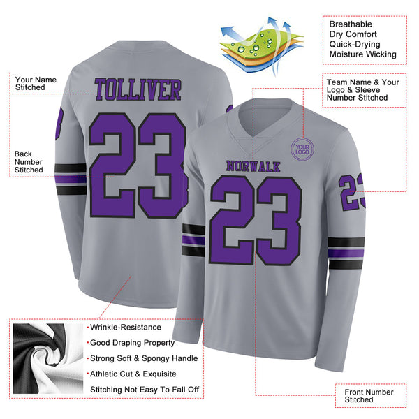 Custom Gray Purple-Black Long Sleeve Authentic Football Jersey alternate