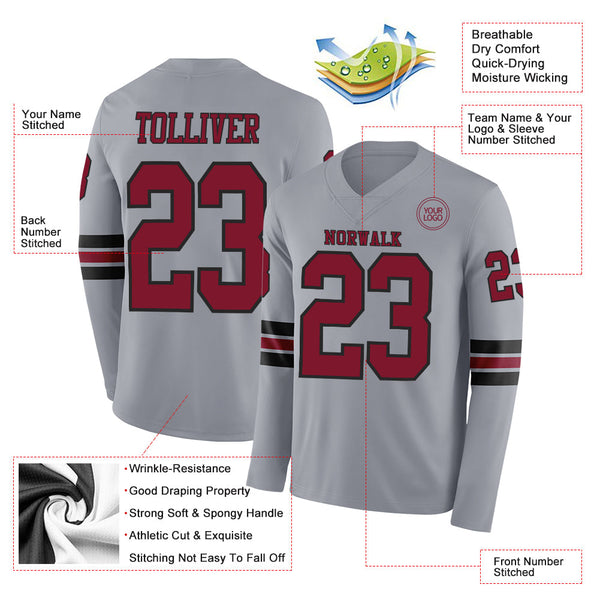 Custom Gray Crimson-Black Long Sleeve Authentic Football Jersey alternate