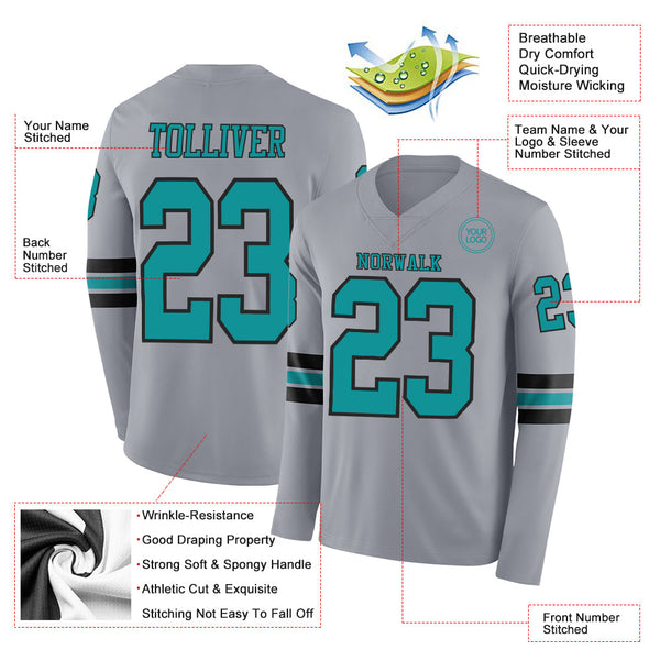 Custom Gray Teal-Black Long Sleeve Authentic Football Jersey alternate