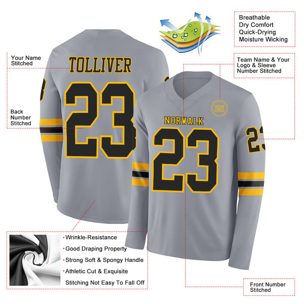 Custom Gray Black-Gold Long Sleeve Authentic Football Jersey alternate