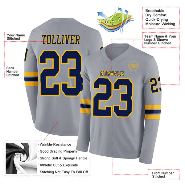 Custom Gray Navy-Gold Long Sleeve Authentic Football Jersey alternate