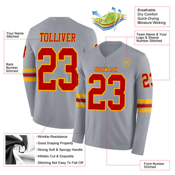 Custom Gray Red-Gold Long Sleeve Authentic Football Jersey alternate