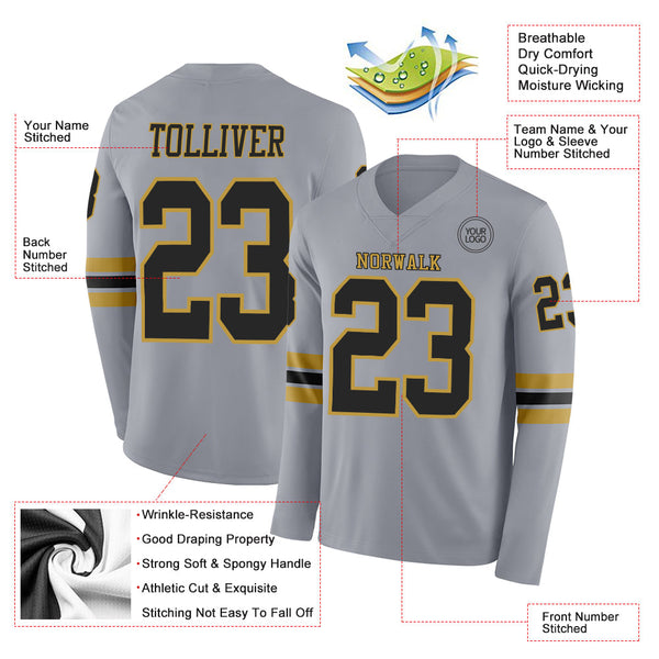 Custom Gray Black-Old Gold Long Sleeve Authentic Football Jersey alternate