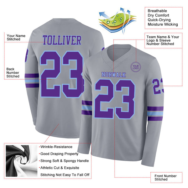 Custom Gray Purple-Light Blue Long Sleeve Authentic Football Jersey alternate