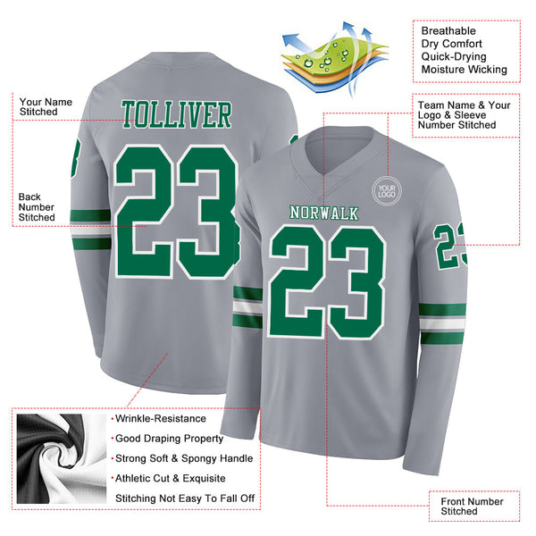 Custom Gray Kelly Green-White Long Sleeve Authentic Football Jersey alternate