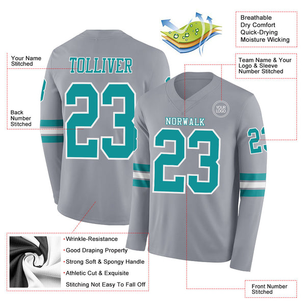 Custom Gray Teal-White Long Sleeve Authentic Football Jersey alternate