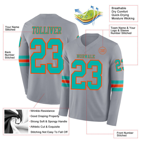 Custom Gray Aqua-Orange Long Sleeve Authentic Football Jersey alternate