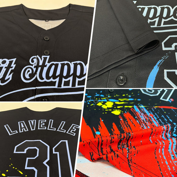 Custom Graffiti Pattern Black-Light Blue 3D Authentic Baseball Jersey alternate
