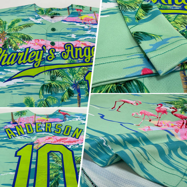 Custom Lakes Blue Neon Green-Royal 3D Pattern Design Beach Hawaii Palm Trees And Flamingo Authentic Baseball Jersey alternate