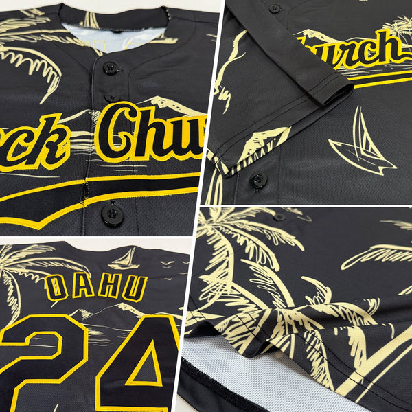 Custom Black Gold 3D Pattern Design Hawaii Palm Trees Island And Sailboat Authentic Baseball Jersey alternate