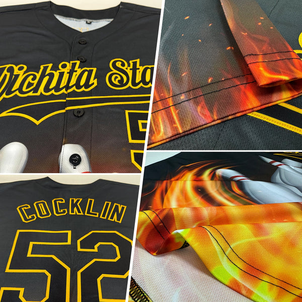 Custom Black Gold 3D Pattern Design Flame Bowling Authentic Baseball Jersey alternate