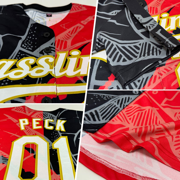 Custom Graffiti Pattern White Red Black-Old Gold 3D Scratch Authentic Baseball Jersey alternate