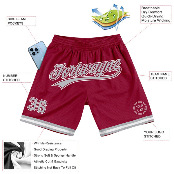 Custom Maroon Gray-White Authentic Throwback Basketball Shorts alternate