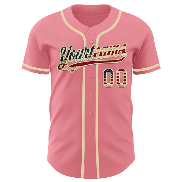 Custom Medium Pink Vintage USA Flag-Cream Authentic Baseball Jersey alternate