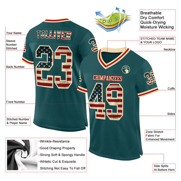 Custom Midnight Green Vintage USA Flag Cream-Red Mesh Authentic Throwback Football Jersey alternate
