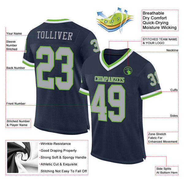 Custom Navy Gray-Neon Green Mesh Authentic Throwback Football Jersey alternate
