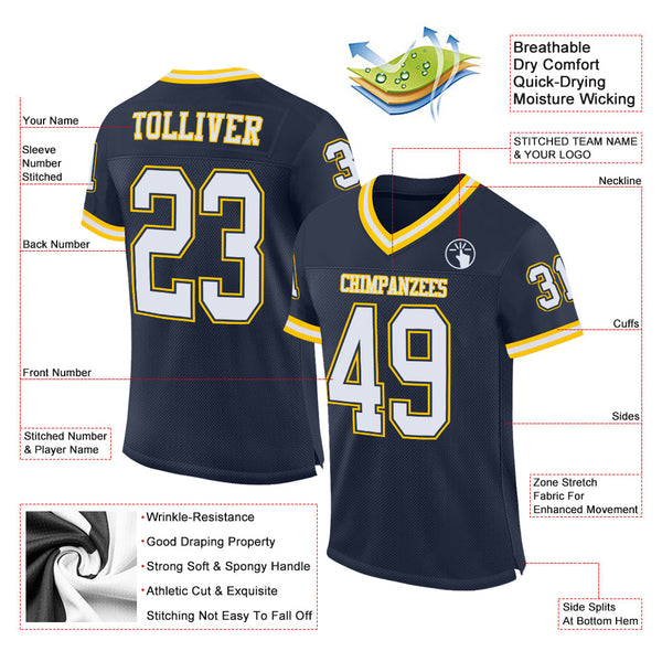 Custom Navy White-Gold Mesh Authentic Throwback Football Jersey alternate