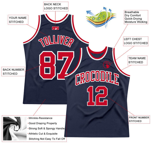 Custom Navy Red-White Authentic Throwback Basketball Jersey alternate