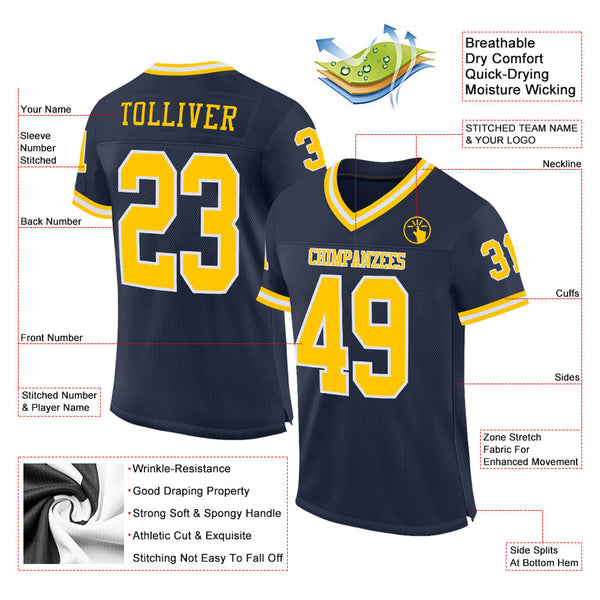 Custom Navy Gold-White Mesh Authentic Throwback Football Jersey alternate