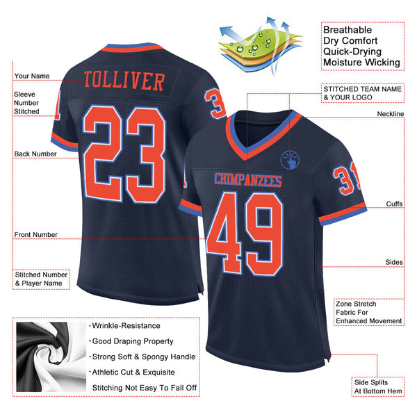 Custom Navy Orange-Blue Mesh Authentic Throwback Football Jersey alternate