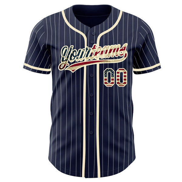 Custom Navy White Pinstripe Vintage USA Flag-Cream Authentic Baseball Jersey alternate