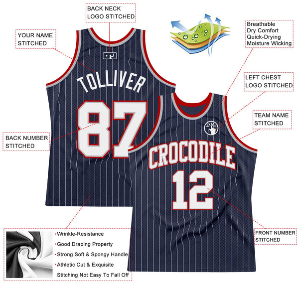 Custom Navy White Pinstripe White Gray-Red Authentic Basketball Jersey alternate