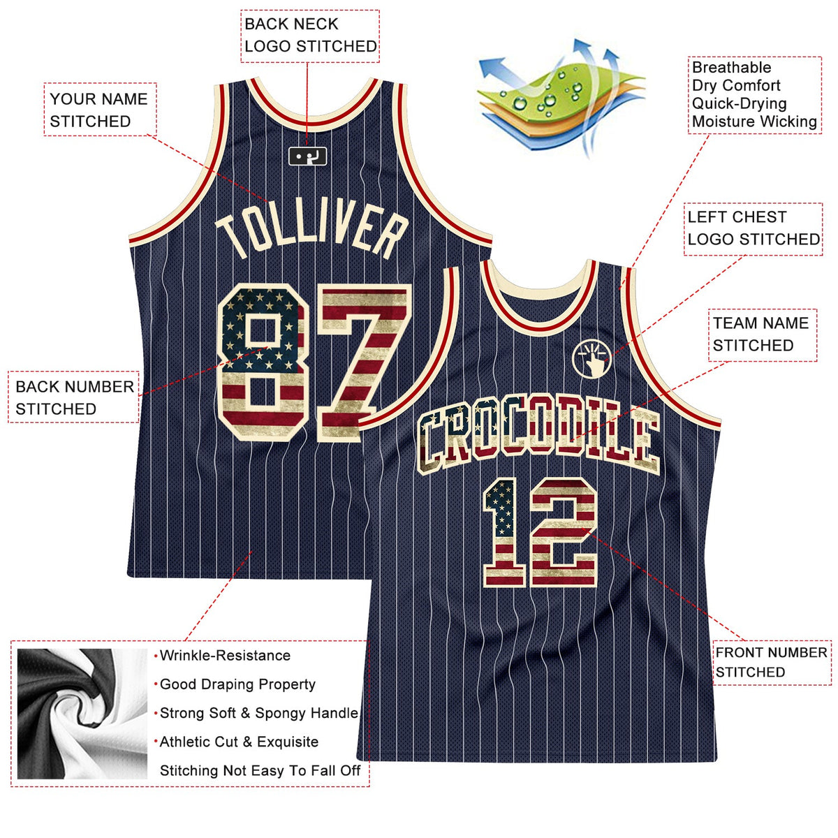 Custom Navy White Pinstripe Vintage USA Flag Cream-Red Authentic Basketball Jersey - Front