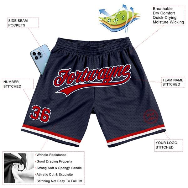 Custom Navy Red-White Authentic Throwback Basketball Shorts alternate