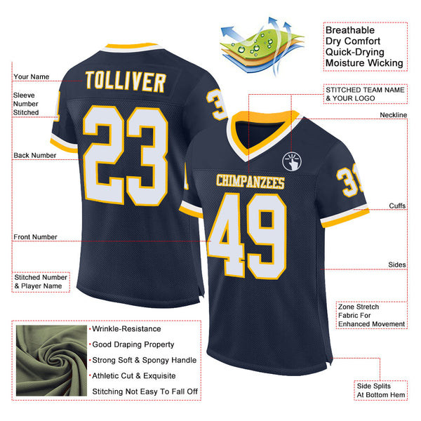 Custom Navy White-Gold Mesh Authentic Throwback Football Jersey alternate
