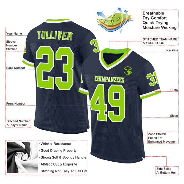 Custom Navy Neon Green-White Mesh Authentic Throwback Football Jersey alternate