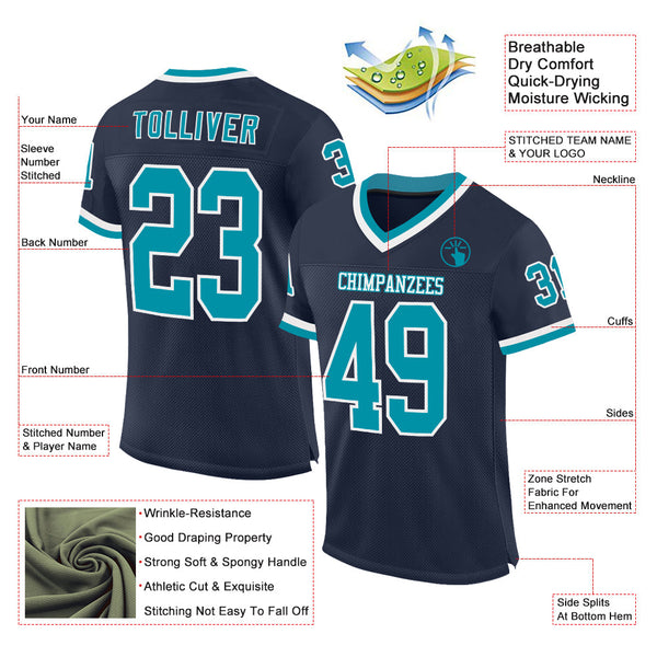 Custom Navy Teal-White Mesh Authentic Throwback Football Jersey alternate
