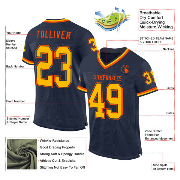 Custom Navy Gold-Orange Mesh Authentic Throwback Football Jersey alternate
