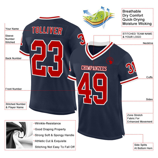 Custom Navy Red-White Mesh Authentic Throwback Football Jersey alternate