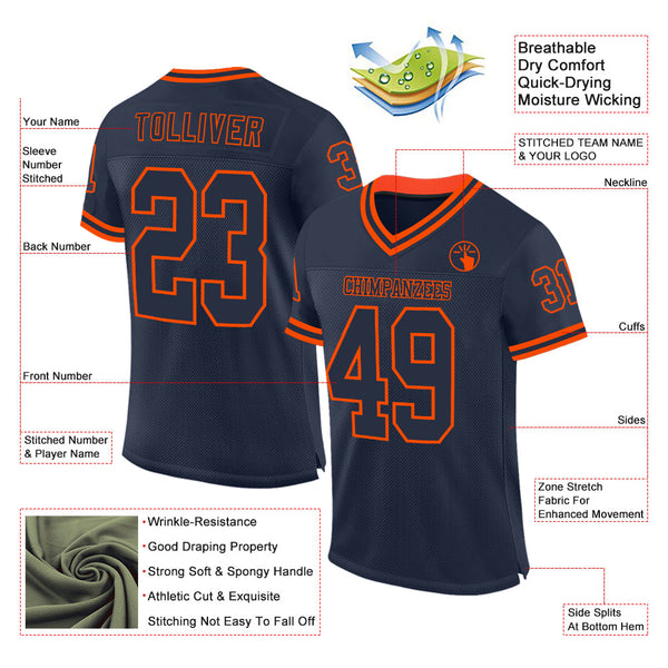 Custom Navy Orange Mesh Authentic Throwback Football Jersey alternate