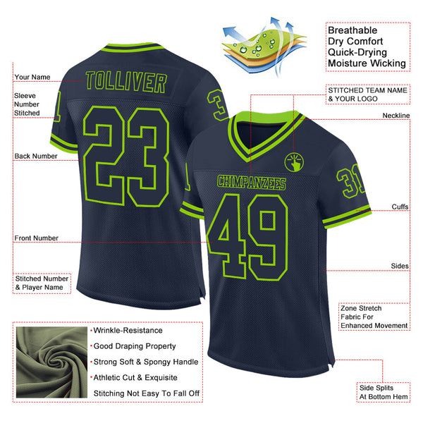 Custom Navy Neon Green Mesh Authentic Throwback Football Jersey alternate