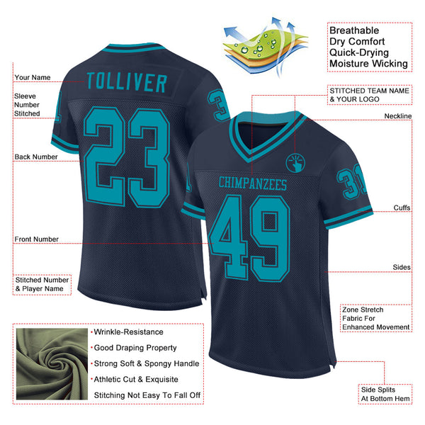 Custom Navy Teal Mesh Authentic Throwback Football Jersey alternate