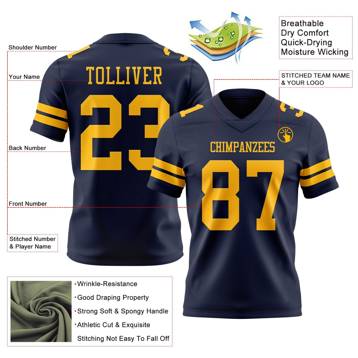 Custom Navy Gold Authentic Football Jersey - Front