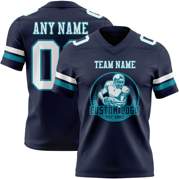 Custom Navy White-Teal Authentic Football Jersey alternate