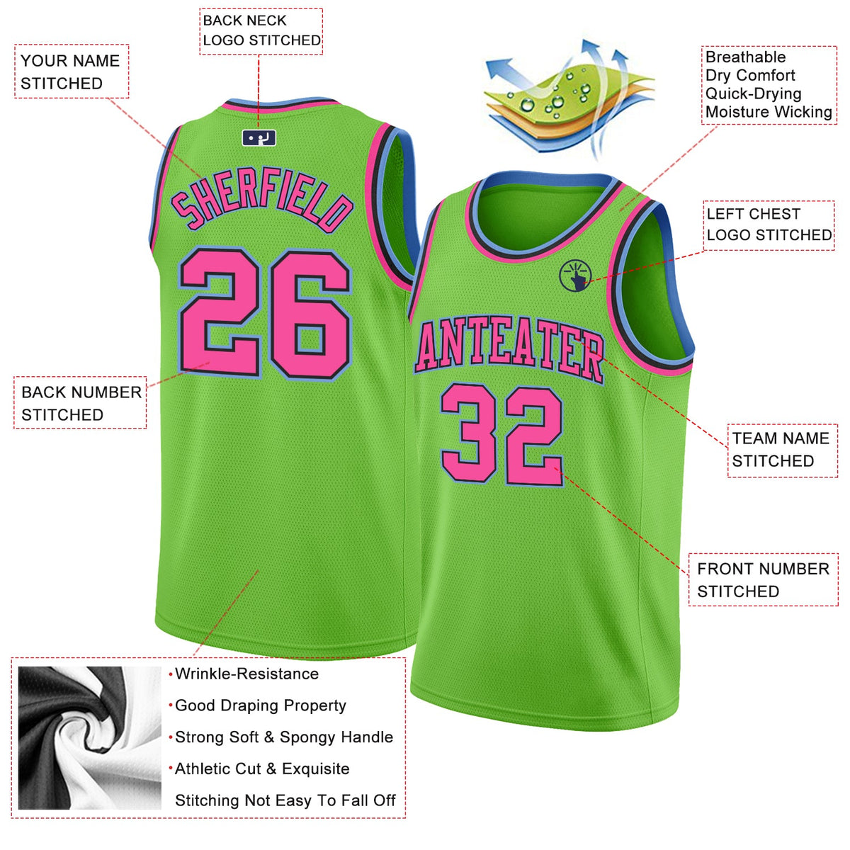 Custom Neon Green Pink-Light Blue Authentic Basketball Jersey - Front