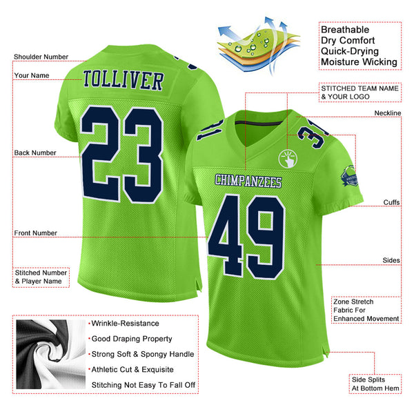 Custom Neon Green Navy-White Mesh Authentic Football Jersey alternate